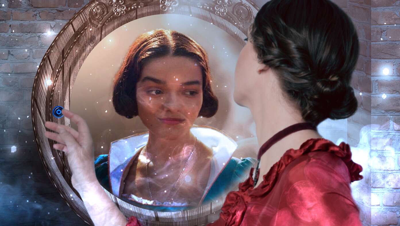 Evil Queen Tries Turning Magic Mirror Off And Turning It On Again After It Says Fairest Of Them All Is Rachel Zegler