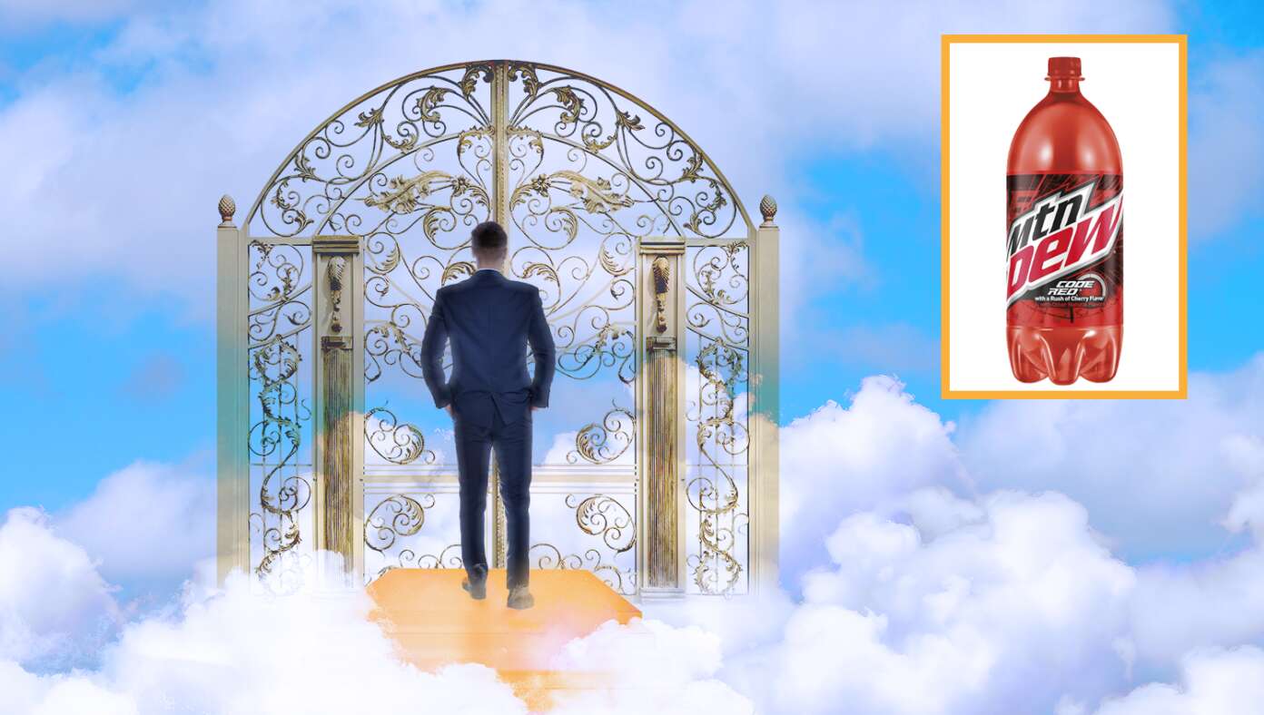 Man Arriving In Heaven Eager To Finally Ask God How Many Liters Of Mountain Dew Code Red He Drank