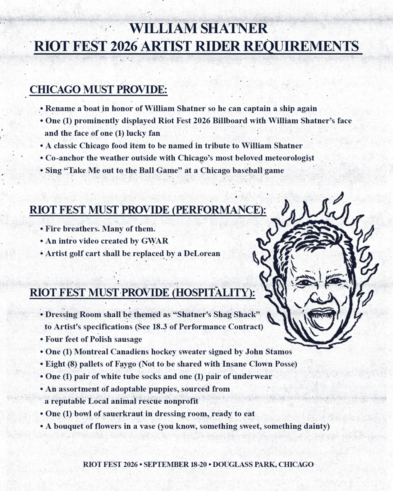 Shatner's Riot Fest Rider Demands Are Completely Over The Top