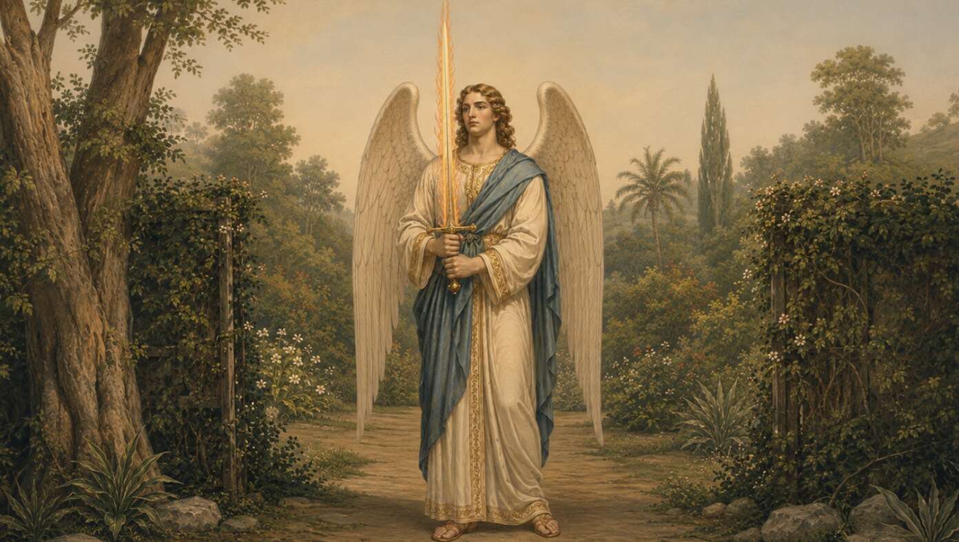 Angel Still Guarding Eden With Flaming Sword Wondering If He Can Move Yet