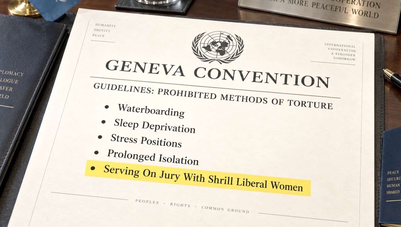 Serving On Jury With Shrill Liberal Women Added To List Of Torture Methods Under Geneva Conventions