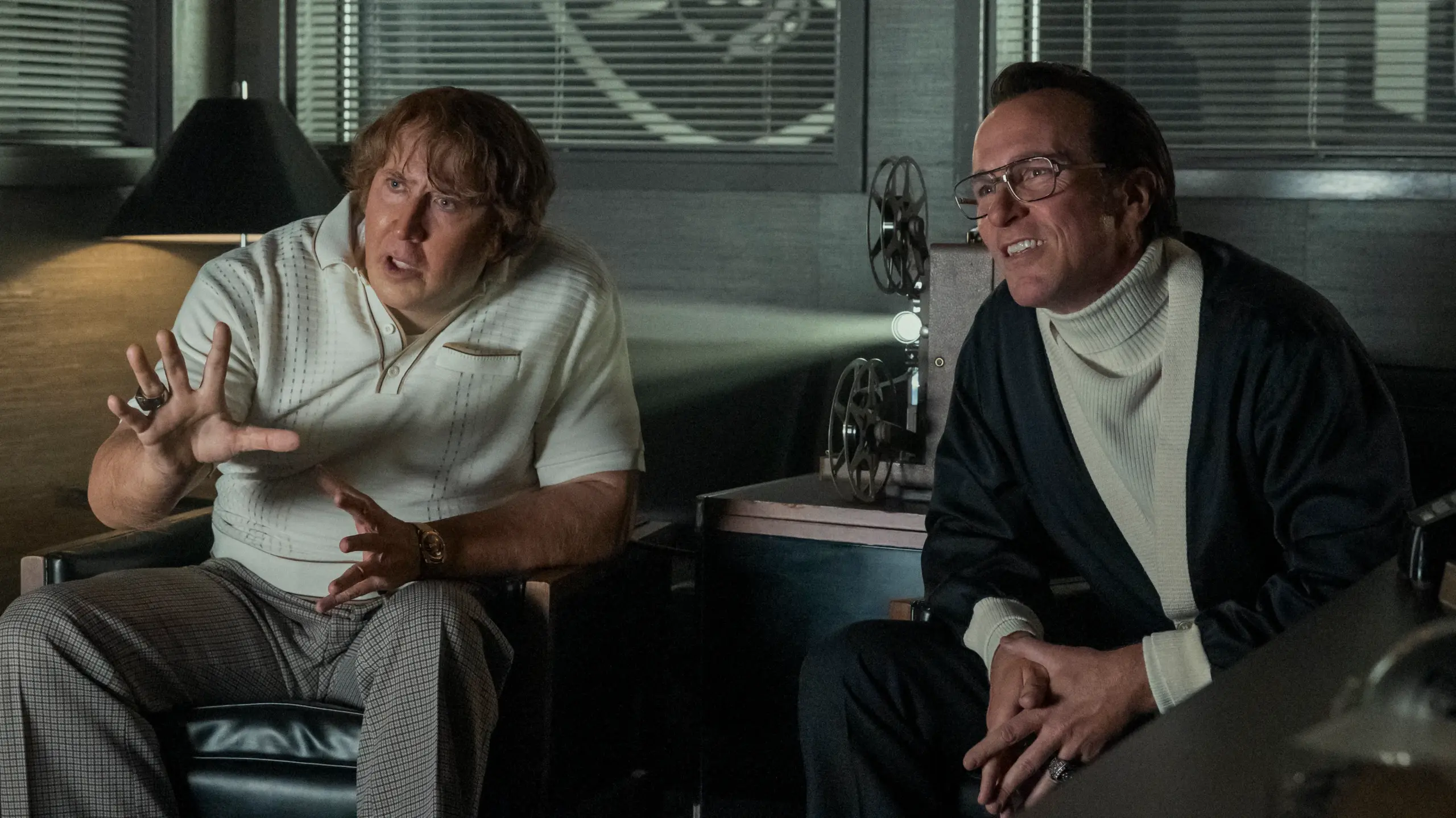 Nicolas Cage John Madden and Christian Bale Al Davis in MADDEN Photo Credit Chuck Zlotnick Prime Amazon Content Services LLC
