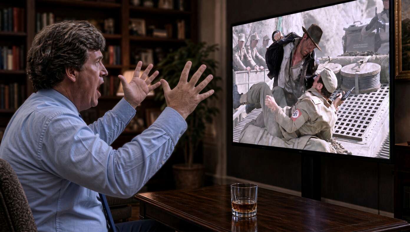 'BOOOOO!' Shouts Tucker Carlson At The TV As He Watches Indiana Jones Defeat The Nazis